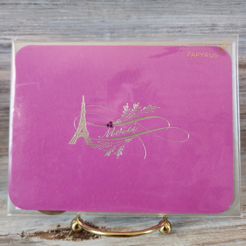 Papyrus Merci Greeting Card Eiffel Tower Silver Foil Magenta Pink Paris Blank